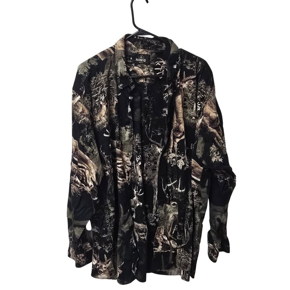 RedHead Mens XXL Deer Wildlife Print Cotton Long Sleeve Button Down Shirt Black